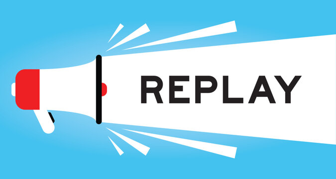 Color megaphone icon with word replay in white banner on blue background