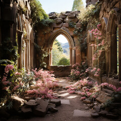 Gothic Abbey Ruins Adorned with Pink Hydrangeas