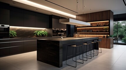 Interior of a modern bar with a black and blue countertop. 3d rendering