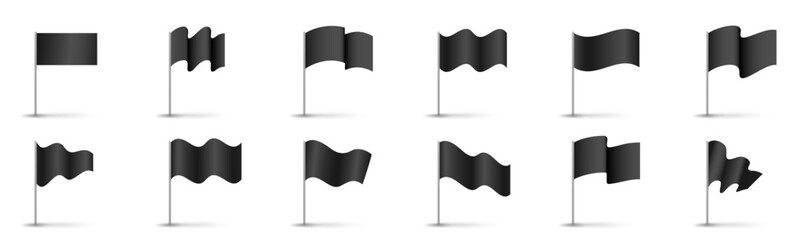 Black flag set template. Clean horizontal waving flag mockup on transparent background - obrazy, fototapety, plakaty