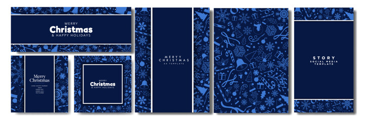 Set of Blue Monochromatic Christmas Background Templates, greeting card, horizontal banner, vertical A4 letter posters, social media story. Christmas patterned template collections. Vector.