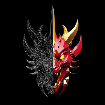 Low poly triangular dragon
fiery face on black background, vector illustration isolated.  Polygonal style trendy modern logo design. Suitable for printing on a t-shirt.