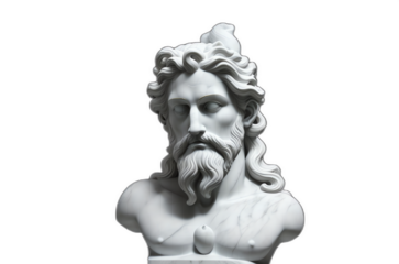 White marble head statue of the sea god Neptune isolated on plain black background from Generative AI