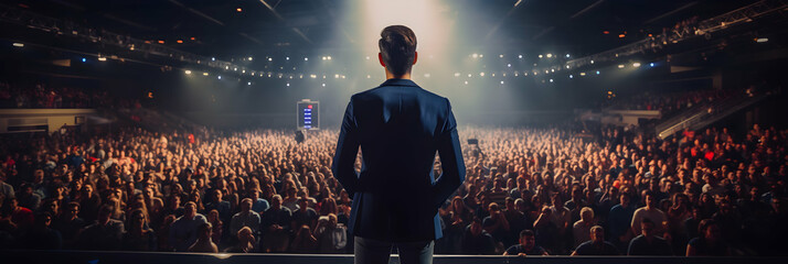 Back view of motivational speaker standing on stage in front of audience for motivational speech on conference or business event, wide broad banner with copy space, generative ai - obrazy, fototapety, plakaty