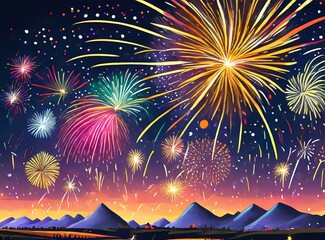 New Year Fireworks Art Illustration Design Card