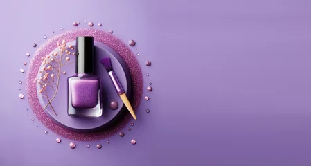 Poster Spilled purple nail polish as sample of cosmetics product. Generative AI. © F@natka