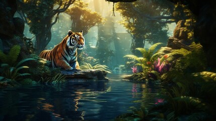Beautiful tiger-filled jungle lake scenery that may be used as a wallpaper background - obrazy, fototapety, plakaty