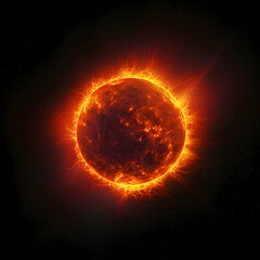 Bright and hot orange sun on a black space background, generative ai