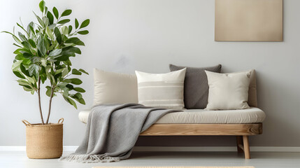 Bright blanket and pillow on a settee, next to a stool with plant in living room with copy space on the wall, mockup place, generative ai