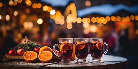 glasses of mulled wine, against the backdrop of fair with flickering holiday lights. Generative AI