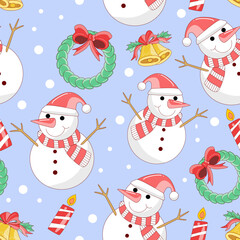 Vector seamless pattern Christmas day and snowman on a blue pastel background