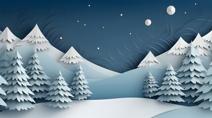 Mountain winter landscape with fir trees and snow. 3d origami, paper. Space for text, winter,...