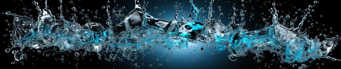 Fototapeten Water splash isolated on black background. Falling ice cubes and splashes. blue water splash isolated on black background with copy space for your text © Nadezhda