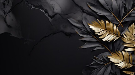 Golden leaves and black watercolor marbled abstract background. Generative AI