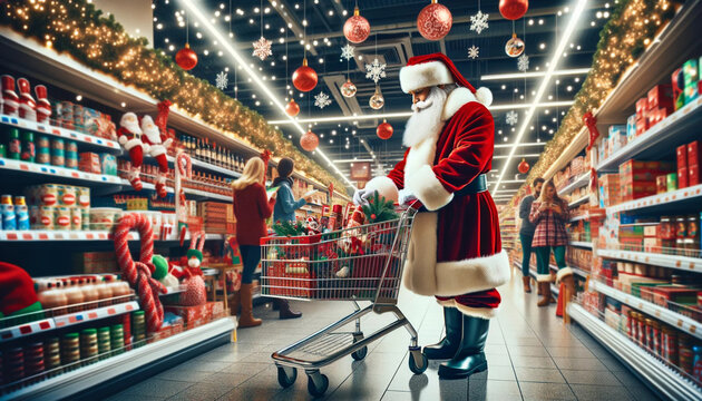 santa claus shopping in supermarket