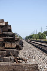 Fototapeta na wymiar Railroad Ties Next To Tracks 