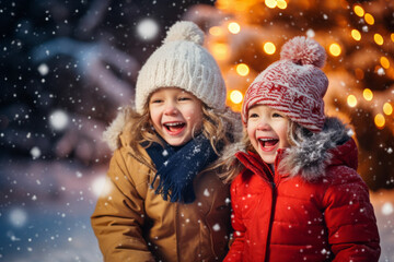Fototapeta premium Little kids play happily and smilingly in the snow. Concept of winter holidays, Xmas and New Year, happy childhood, magical holiday atmosphere and snowfall.