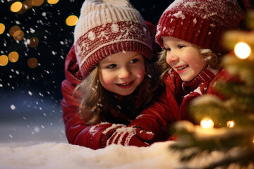 Little kids play happily and smilingly in the snow. Concept of winter holidays, Xmas and New Year, happy childhood, magical holiday atmosphere and snowfall.