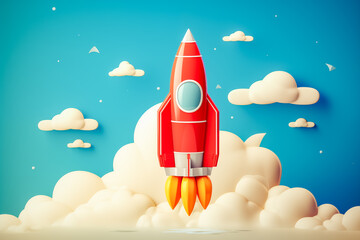 Fototapeta premium Rocket launching amid clouds on solid blue background, symbolizing startup