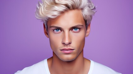 Portrait of a handsome elegant sexy Caucasian blond man with blond hair with perfect skin, on a purple background.