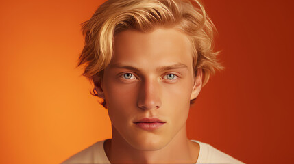 Portrait of a handsome elegant sexy Caucasian blond man with blond hair with perfect skin, on an orange background, banner.