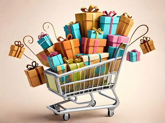 shopping cart filled with gift packages - generative AI - 678717970