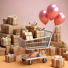 shopping cart filled with gift packages - generative AI - 678717973