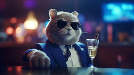 funy fat cat wearing CEO uniforms, cigarette on hand, night bar background. Generative AI - obrazy, fototapety, plakaty