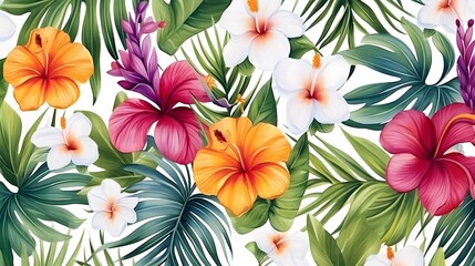 Tropical seamless pattern, Leaves and flowers, tropic plants on white background, watercolor botanical illustration - obrazy, fototapety, plakaty