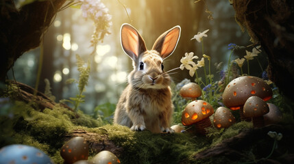 Fototapeta na wymiar Enchanted Easter: An AI-generated rabbit amidst a surreal fantasy forest in a captivating Easter-themed photograph