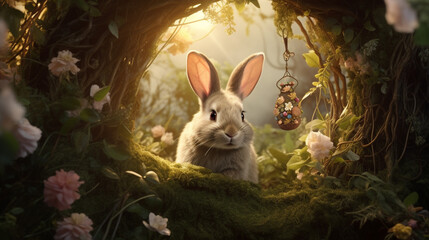 Fototapeta na wymiar Enchanted Easter: A rabbit amidst a surreal fantasy forest in a captivating Easter-themed photograph