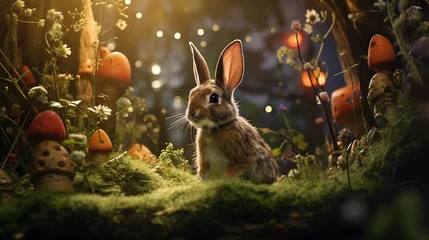 Gordijnen Enchanted Easter: A rabbit amidst a surreal fantasy forest in a captivating Easter-themed photograph © Moritz
