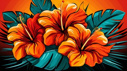 Vivid Tropical Hibiscus Blooms with Lush Green Foliage in Artistic Illustration