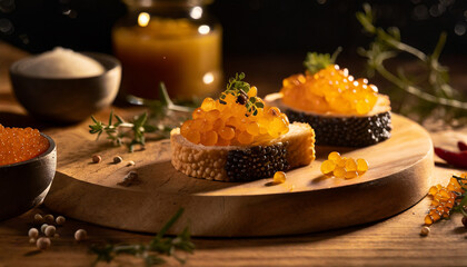 caviar on a wooden board