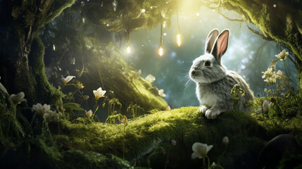 Enchanted Easter: An AI-generated rabbit amidst a surreal fantasy forest in a captivating Easter-themed photograph