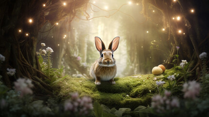 Enchanted Easter: An AI-generated rabbit amidst a surreal fantasy forest in a captivating Easter-themed photograph