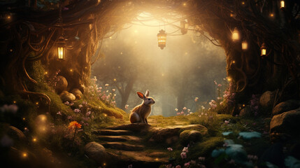 Enchanted Easter: An AI-generated rabbit amidst a surreal fantasy forest in a captivating Easter-themed photograph