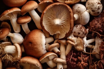 Assortment of mushrooms, flatlay, closeup. Generative AI - obrazy, fototapety, plakaty