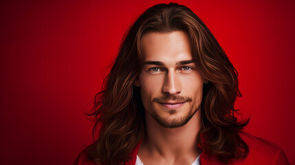 Handsome elegant sexy smiling Caucasian man with perfect skin and long hair, on a red background, banner, close-up.