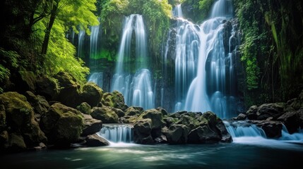 Obraz premium Waterfall in autumn forest background, Generative AI