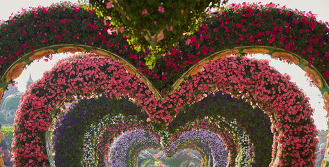 Floral arch at the entrance to Miracle Garden. Dubai, UAE - 7 February, 2020
