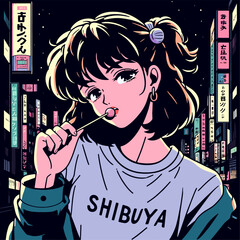 Fototapeta premium nostalgic lofi anime girl, shibuya girl illustration