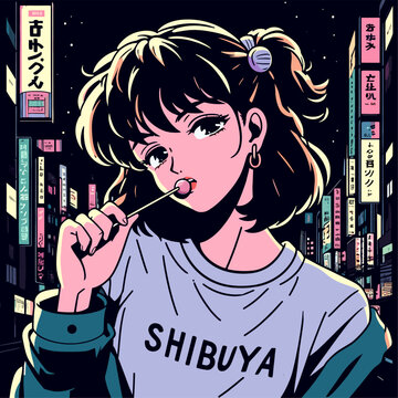 nostalgic lofi anime girl, shibuya girl illustration