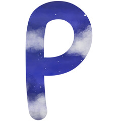 A cute English alphabet handwriting night sky with cloud and star theme letter P - obrazy, fototapety, plakaty