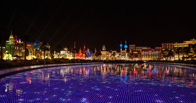 Panorama of Global Village park at night. Dubai, UAE - 5 February, 2020