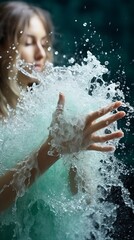 Fototapeta premium woman underwater with hair surrounded by splashes of water. Concept: portrait with water near the face.