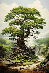 Obraz premium Autumn Solitude: A Lone Tree Amidst a Rocky Desert Landscape