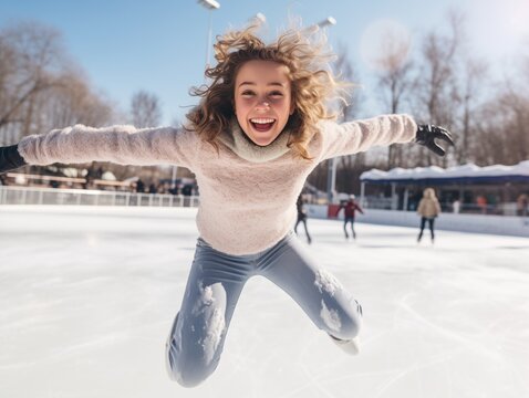 A skater leaps with exuberance, her face alight with exhilaration against the backdrop of a sunlit outdoor ice rink, capturing the essence of winter joy, young woman having fun skating