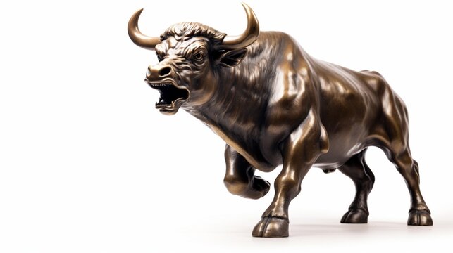 A powerful Charging Bull statue, isolated on a pristine white background, symbolizing unwavering financial optimism and prosperity.