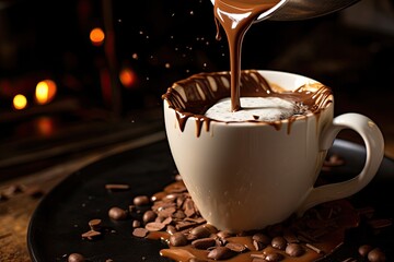 Pouring Hot Chocolate Into A Cup, On Table Background. Wallpaper. Backdrop